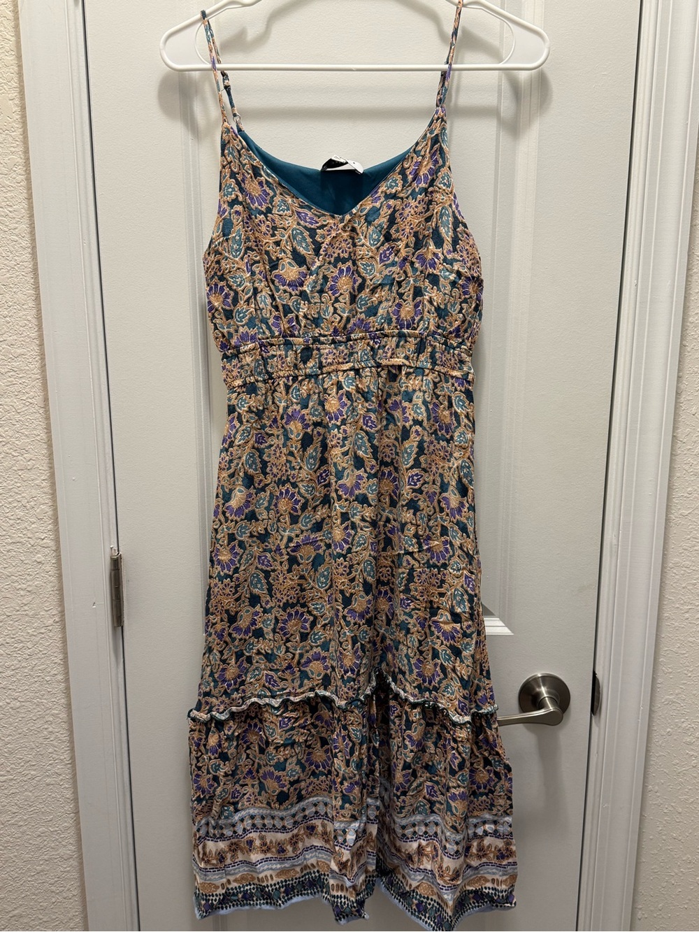 Gilli Teal, Purple and Cream Floral Spaghetti-Strap Maxi Dress